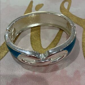 Silver Tone and Blue Enamel Clamper Hinge Bracelet